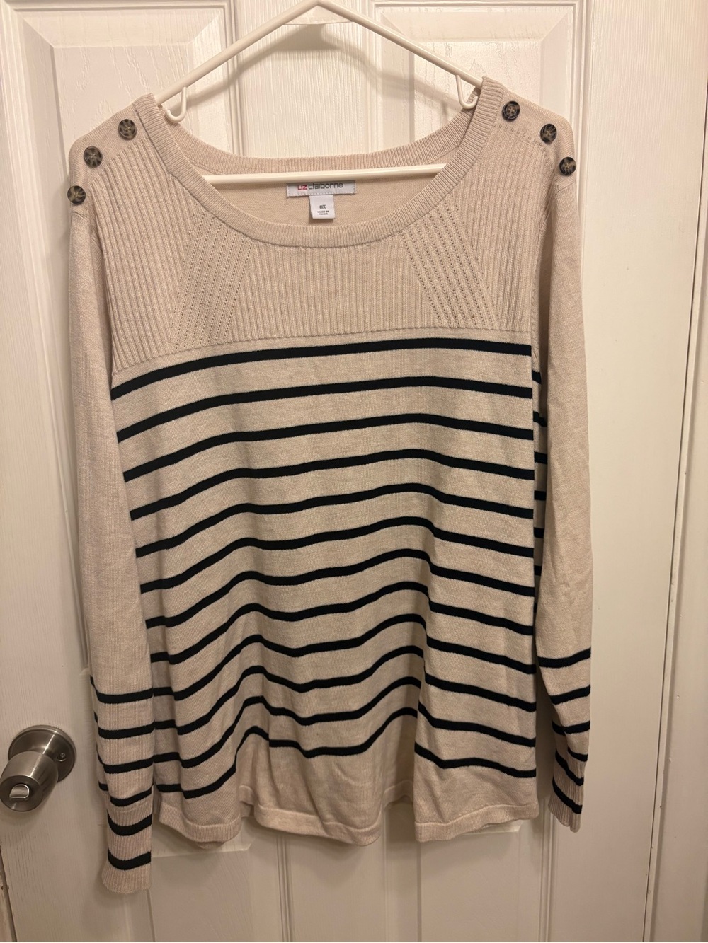 Liz Claiborne Beige and Black Striped Button-Shoulder Sweater